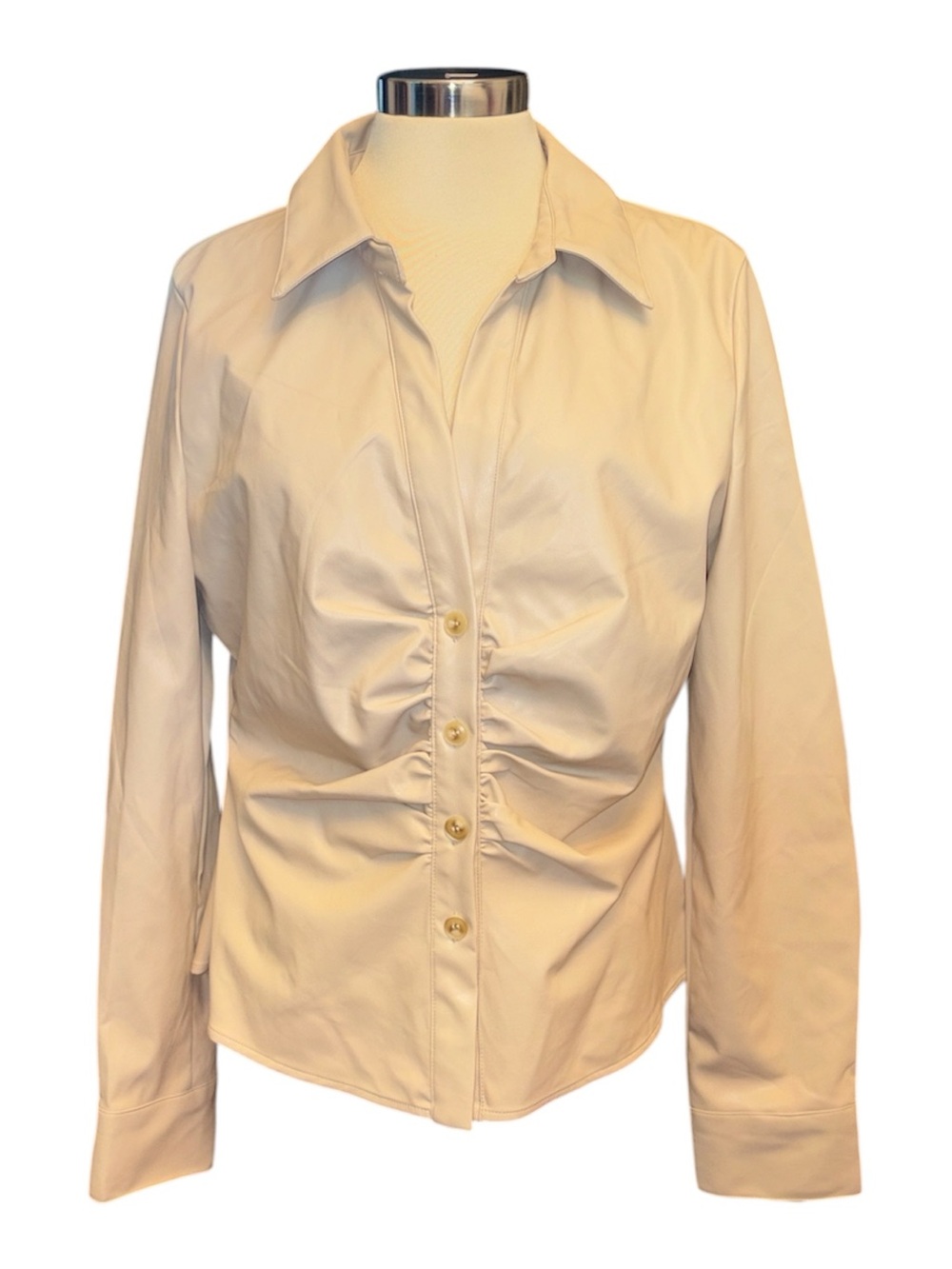 THML Cream Button-Front Long Sleeve Shirt w/Ruched Front deep V-neck Sz XL NWT
